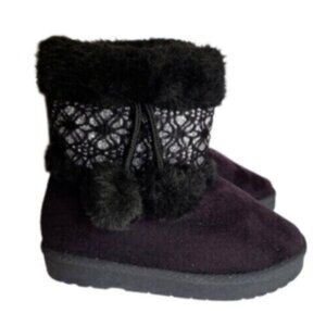 Adorable Child Girls Pom Pom Black Faux Suede Fur Fall Winter Snow Boots Size 6